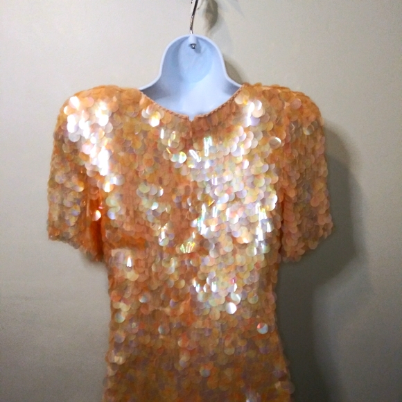 Vintage 80's Black Tie Oleg Cassini Peach Spangled "Mermaid" Cocktail Dress - Picture 8 of 13